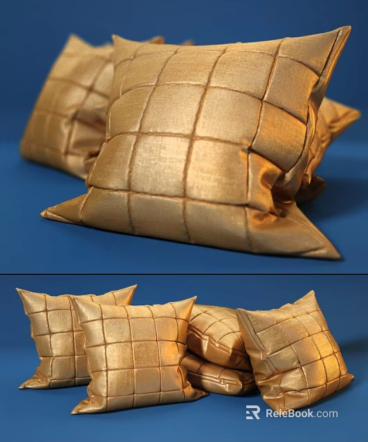 Golden Grid Pattern Decorative Throw Pillows for Home Decor on Blue Background 3d model 
