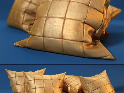 Golden Grid Pattern Decorative Throw Pillows for Home Decor on Blue Background 3d model