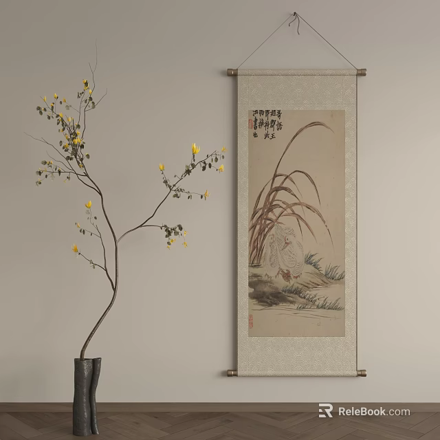 Square Area Rug In Room With Floral Vase And Scroll 3d model