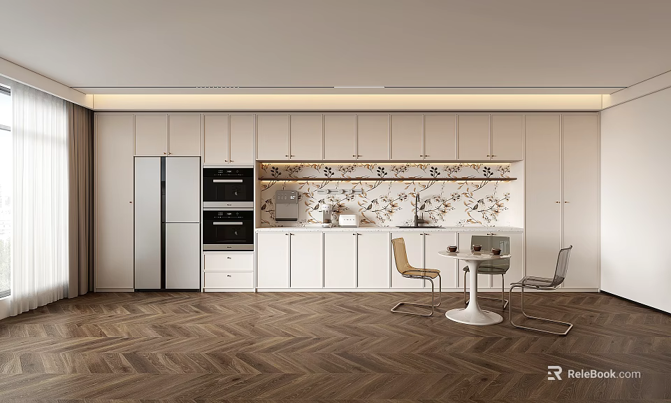 Modern Tea Room Interior Design With Open Concept White Cabinets And Dining Table 3d model