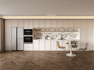 Modern Tea Room Interior Design With Open Concept White Cabinets And Dining Table 3d model