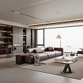 Modern Living Room Interior With Brown Sofa Coffee Table Floor Lamp Bookshelves And Large Windows