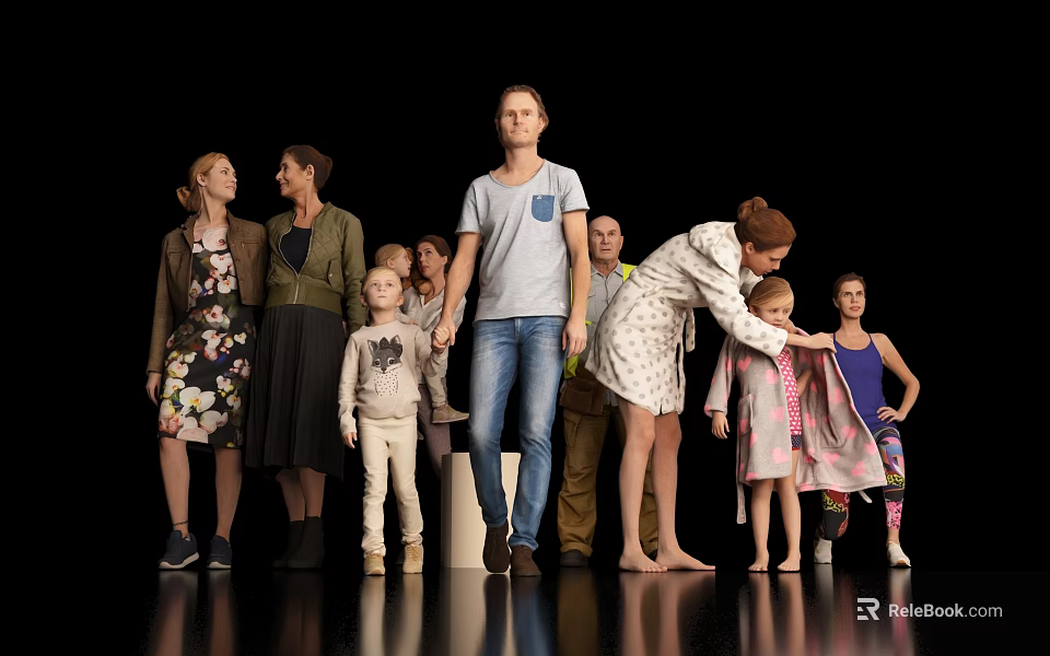 Diverse Group of People Standing Together in Casual Clothing and Interacting Casually Against Black Background 3d model 