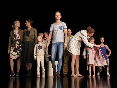 Diverse Group of People Standing Together in Casual Clothing and Interacting Casually Against Black Background 3d model