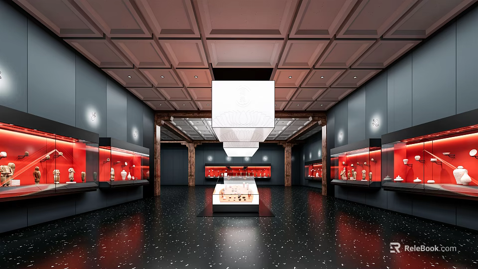 Elegant Exhibition Hall Interior Featuring Red Display Cases Central Stand And Wooden Ceiling 3d model 