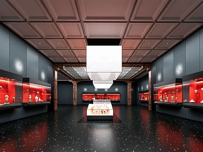 Elegant Exhibition Hall Interior Featuring Red Display Cases Central Stand And Wooden Ceiling 3d model