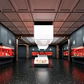 Elegant Exhibition Hall Interior Featuring Red Display Cases Central Stand And Wooden Ceiling