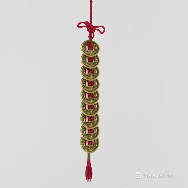 Traditional Chinese Coin Jewelry Hanging On Red Cord With Strung Ancient Coins 3d model 