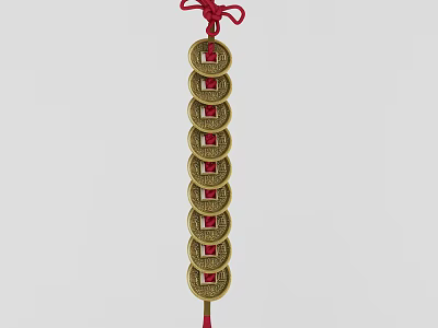Traditional Chinese Coin Jewelry Hanging On Red Cord With Strung Ancient Coins 3d model