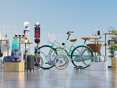 Floral Art Display Design in Stylish Showcase With Bicycles Luggage Skateboards and Plants 3d model