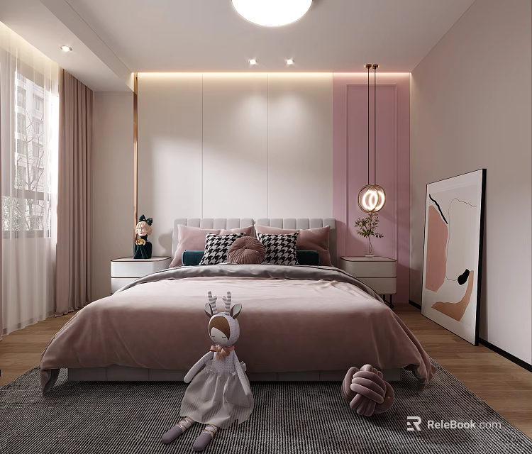 Modern Kids Room Interior With Pink Bed Stuffed Toys Pendant Light Nightstand And Wooden Floor 3d model 