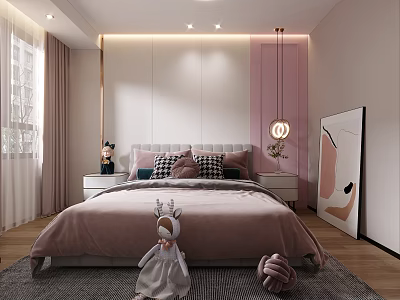 Modern Kids Room Interior With Pink Bed Stuffed Toys Pendant Light Nightstand And Wooden Floor 3d model