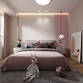 Modern Kids Room Interior With Pink Bed Stuffed Toys Pendant Light Nightstand And Wooden Floor