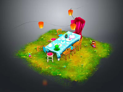 Outdoor Dining Setup With Grass Table Chairs Red Lanterns And Tableware 3d model