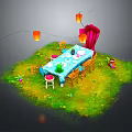 Outdoor Dining Setup With Grass Table Chairs Red Lanterns And Tableware