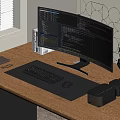 Modern Workspace Setup with Curved Monitor Code Wooden Desk Keyboard Mouse and Headphones