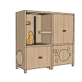 Wooden Garden Ornament Cabinet With Cat Figurine And Circular Holes Design