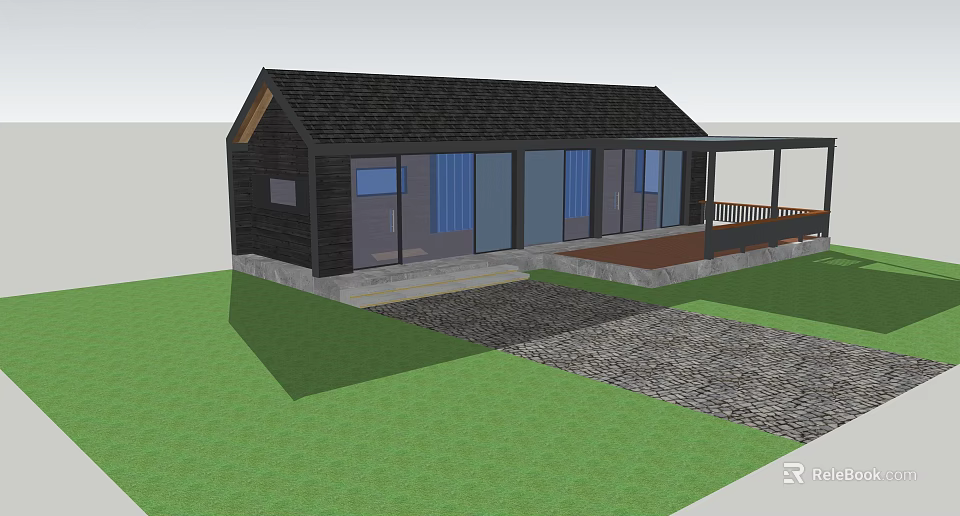 Wooden House With Black Roof Large Windows Blue Curtains Green Lawn And Covered Deck 3d model 