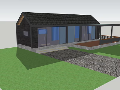 Wooden House With Black Roof Large Windows Blue Curtains Green Lawn And Covered Deck 3d model