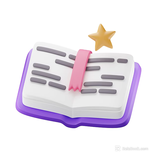 Open Book With Purple Base White Pages Gray Lines Pink Bookmark And Yellow Star 3d model 