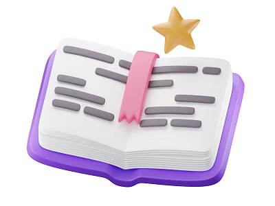Open Book With Purple Base White Pages Gray Lines Pink Bookmark And Yellow Star 3d model