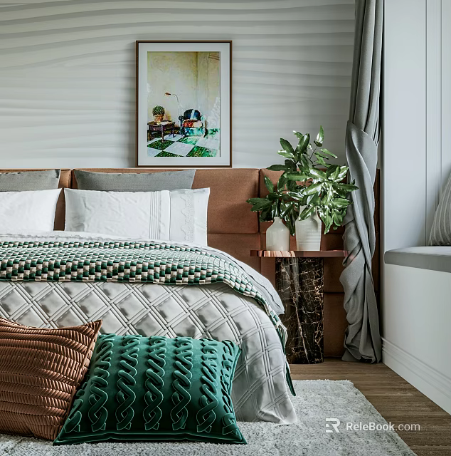 Modern Double Bed Bedroom with Quilt Pillows Green Plant Nightstand and Wall Art 3d model 