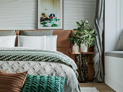 Modern Double Bed Bedroom with Quilt Pillows Green Plant Nightstand and Wall Art 3d model