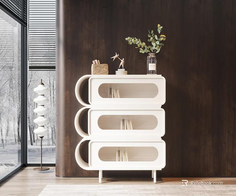 Modern White Sideboard With Storage Shelves And Green Plant Decor On Dark Wooden Wall 3d model 