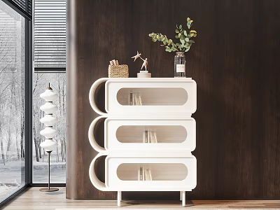 Modern White Sideboard With Storage Shelves And Green Plant Decor On Dark Wooden Wall 3d model