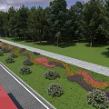 Municipal Road With Asphalt Pavement Lush Trees Colorful Flower Beds And Street Lights