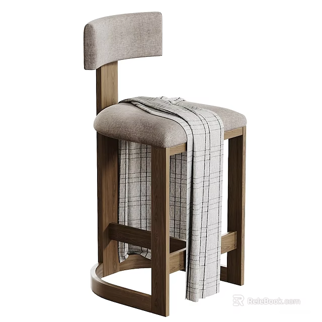 Stylish Bar Stool With Wooden Frame Light Gray Upholstered Seat And Plaid Blanket 3d model 