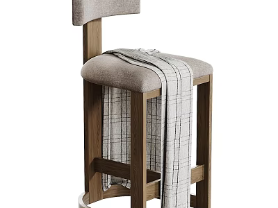 Stylish Bar Stool With Wooden Frame Light Gray Upholstered Seat And Plaid Blanket 3d model