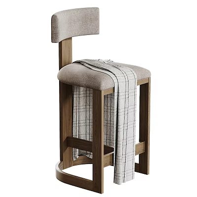 Stylish Bar Stool With Wooden Frame Light Gray Upholstered Seat And Plaid Blanket 3d model