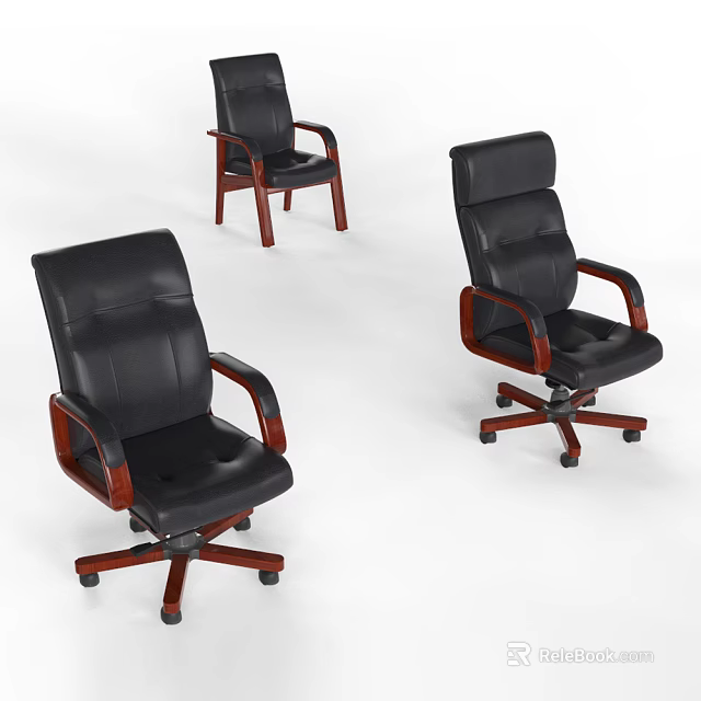 Comfortable Black Leather Office Chair With Wooden Armrests And Swivel Casters 3d model 