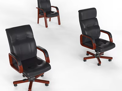 Comfortable Black Leather Office Chair With Wooden Armrests And Swivel Casters 3d model