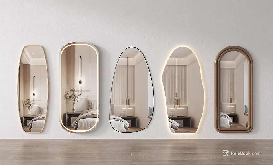 Contemporary Wall Mounted Mirrors In Various Shapes With LED Lighting For Bedroom Decor 3d model 