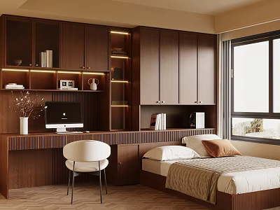 Tatami Bedroom Interior With Wooden Cabinets Desk Computer And Window Decor 3d model