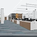 Spacious Modern Public Office Space With White Workstations Computers Ergonomic Chairs And Green Plants