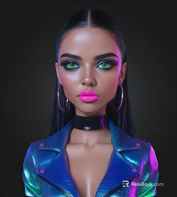 Stylish Woman In Blue Leather Jacket With Green Eyes Pink Lips And Black Choker 3d model 