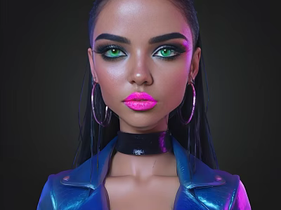 Stylish Woman In Blue Leather Jacket With Green Eyes Pink Lips And Black Choker 3d model