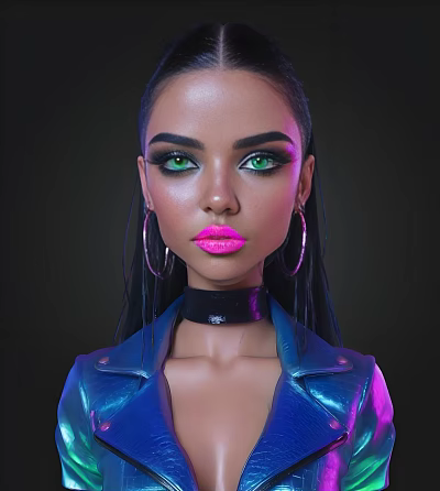 Stylish Woman In Blue Leather Jacket With Green Eyes Pink Lips And Black Choker 3d model