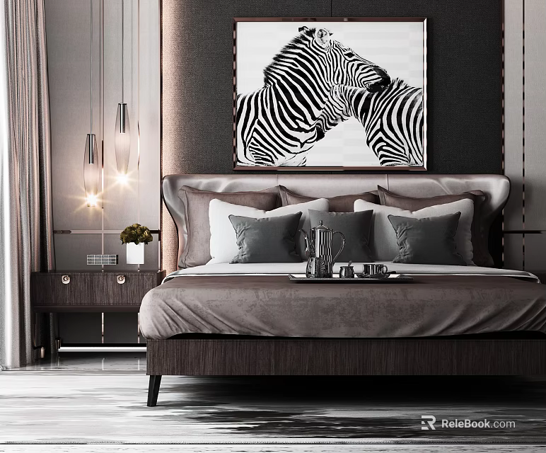 Modern Double Bed Background Featuring Zebra Artwork Pendant Lights Nightstand And Decorative Pillows 3d model 