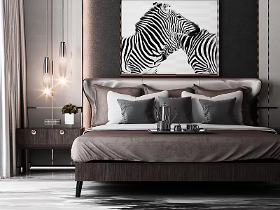 Modern Double Bed Background Featuring Zebra Artwork Pendant Lights Nightstand And Decorative Pillows 3d model