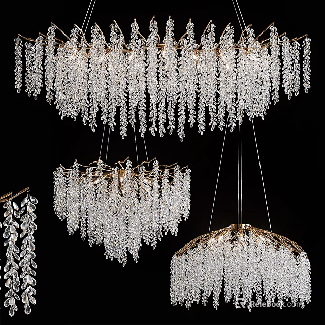 Luxurious Crystal Chandeliers With Hanging Crystal Strands And Ornate Golden Frames 3d model 