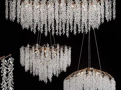 Luxurious Crystal Chandeliers With Hanging Crystal Strands And Ornate Golden Frames 3d model