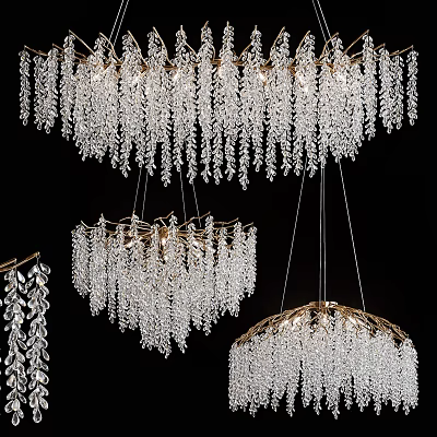 Luxurious Crystal Chandeliers With Hanging Crystal Strands And Ornate Golden Frames 3d model