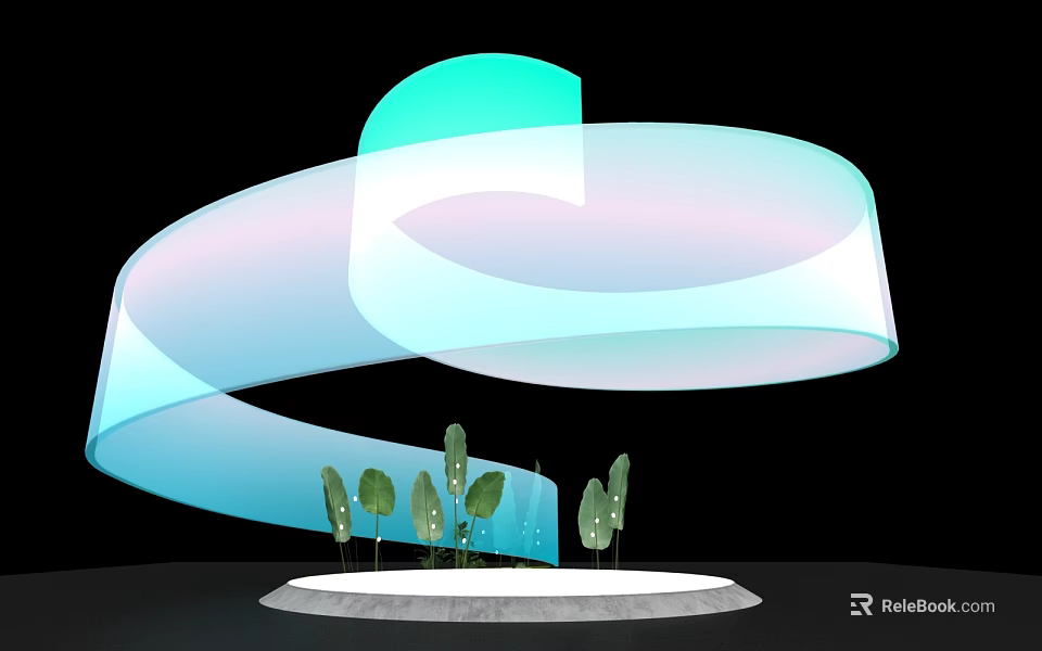Stage With Black Background White Circular Base Green Plants And Blue Green Gradient Curved Decorations 3d model 