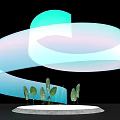 Stage With Black Background White Circular Base Green Plants And Blue Green Gradient Curved Decorations