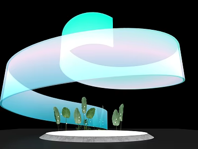 Stage With Black Background White Circular Base Green Plants And Blue Green Gradient Curved Decorations 3d model
