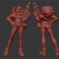 Red Haired Character and Fish Shaped Creature in Vibrant Yellow Blue Outfits Holding Blasters Standing